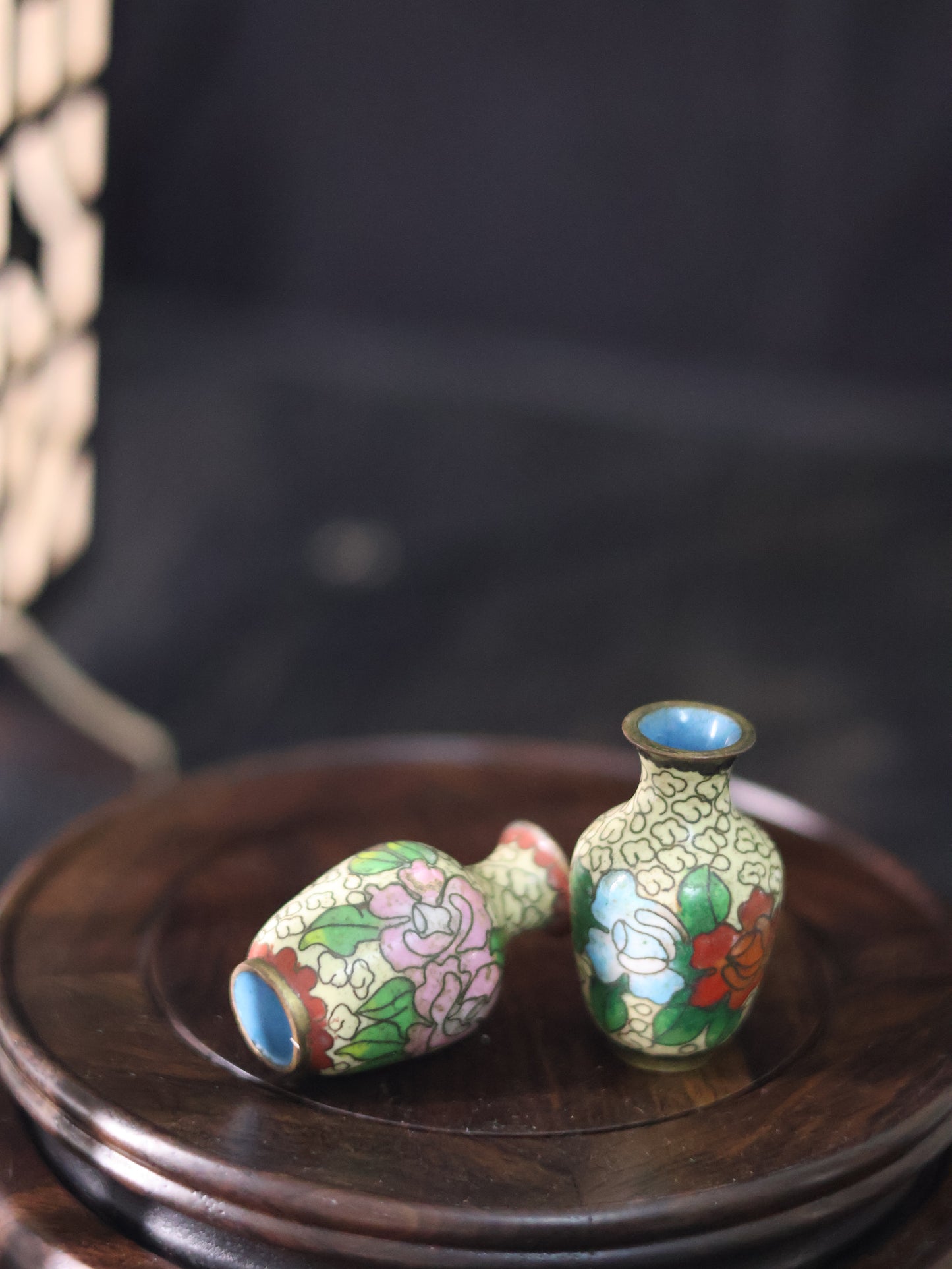 1950s Chinese Hand-Painted Cloisonné-Style Miniature Vase Pair