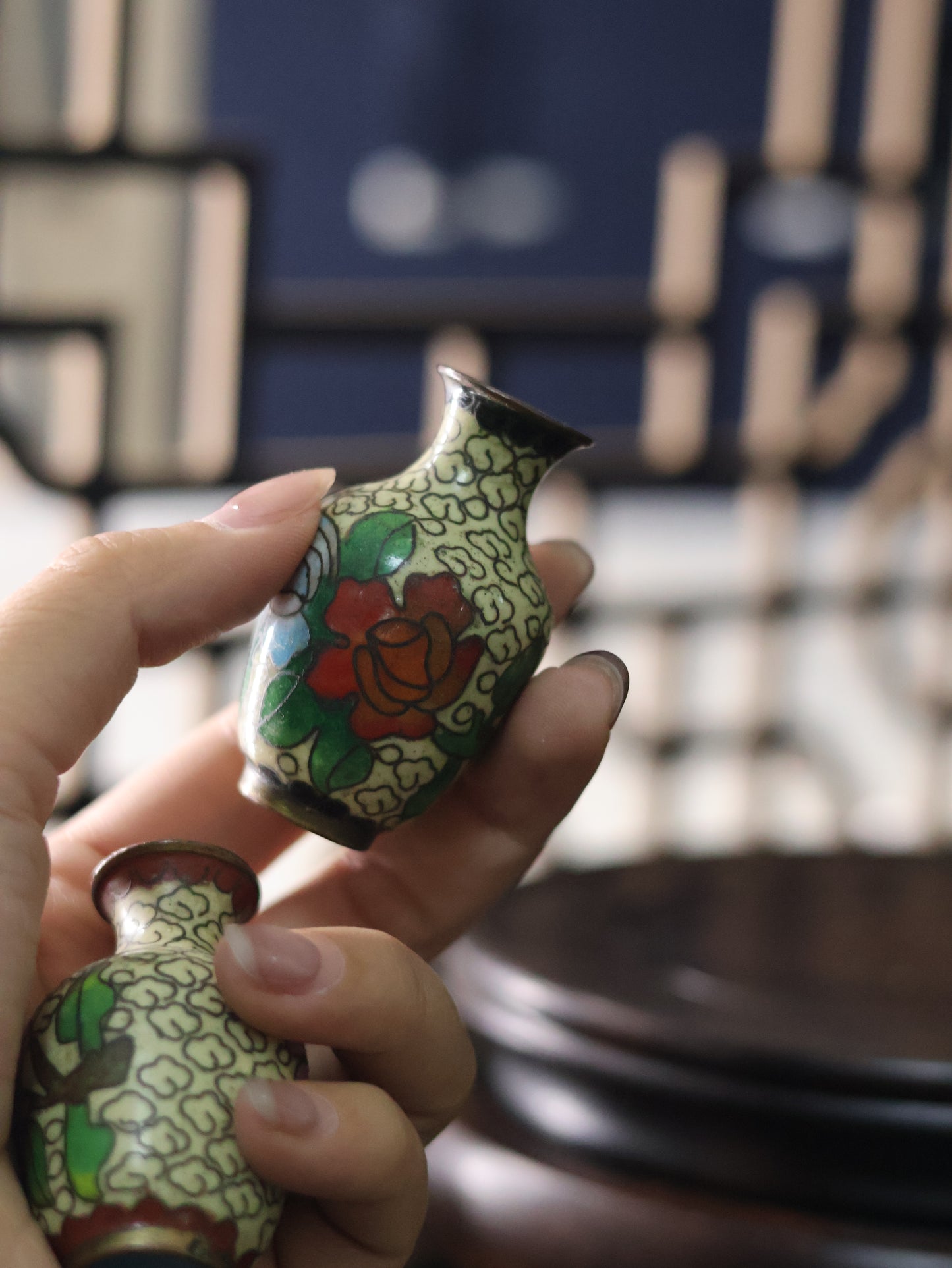 1950s Chinese Hand-Painted Cloisonné-Style Miniature Vase Pair
