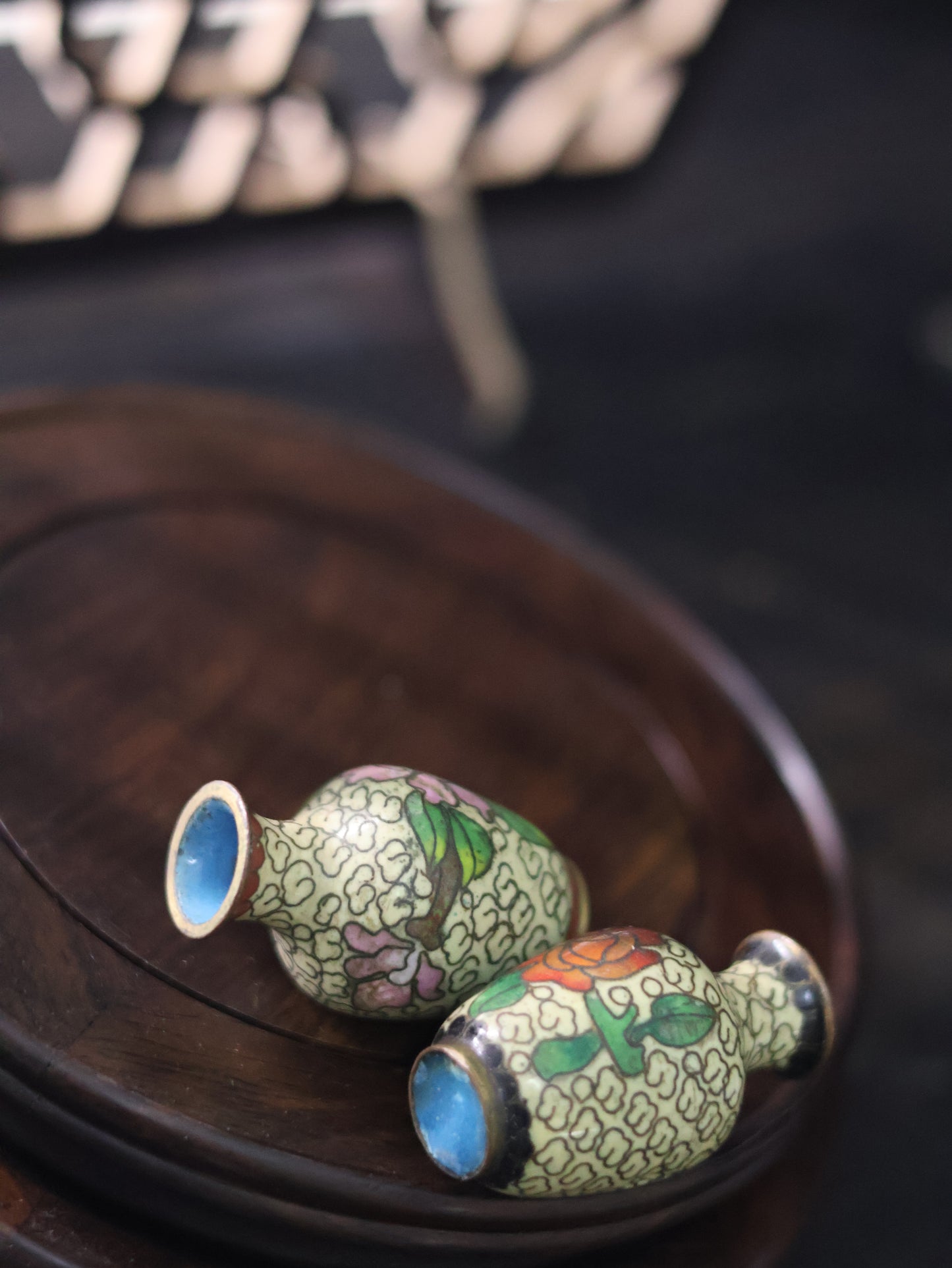 1950s Chinese Hand-Painted Cloisonné-Style Miniature Vase Pair