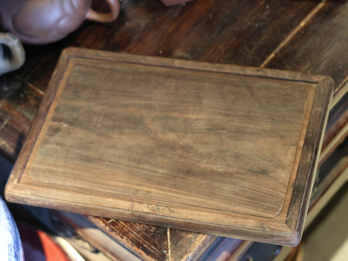 1920s Antique Republic Era of China Redwood Hand-carved Floral Tea Tray & Fruit Plate