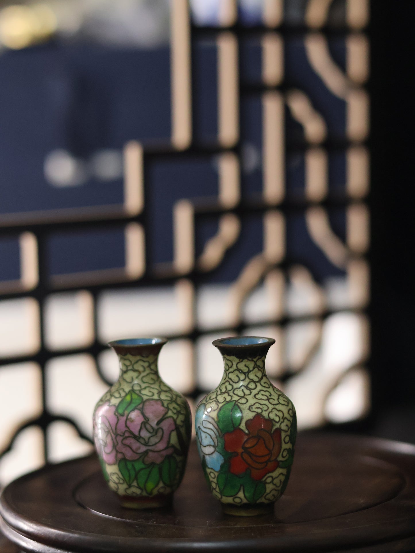 1950s Chinese Hand-Painted Cloisonné-Style Miniature Vase Pair