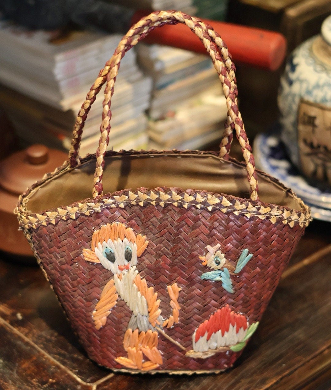 1970s Vintage Retro Fashion Handwoven Straw Handbag with Monkey and Bird Embroidery