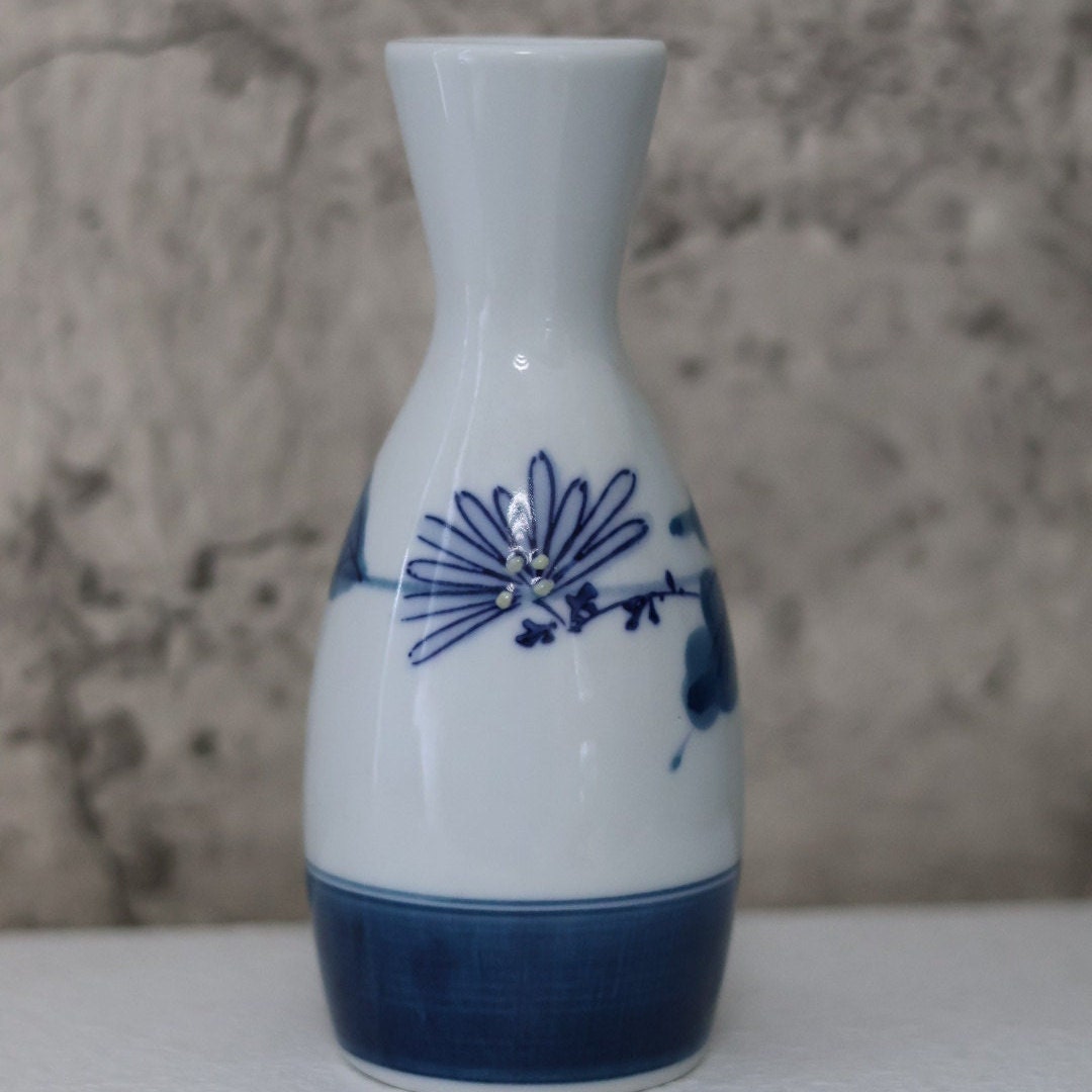 Hand-Painted Japanese Ceramic Sake Bottle | 150ml Blue and White Tokkuri with Raised Dot Detail | Traditional Artisanal Sake Server