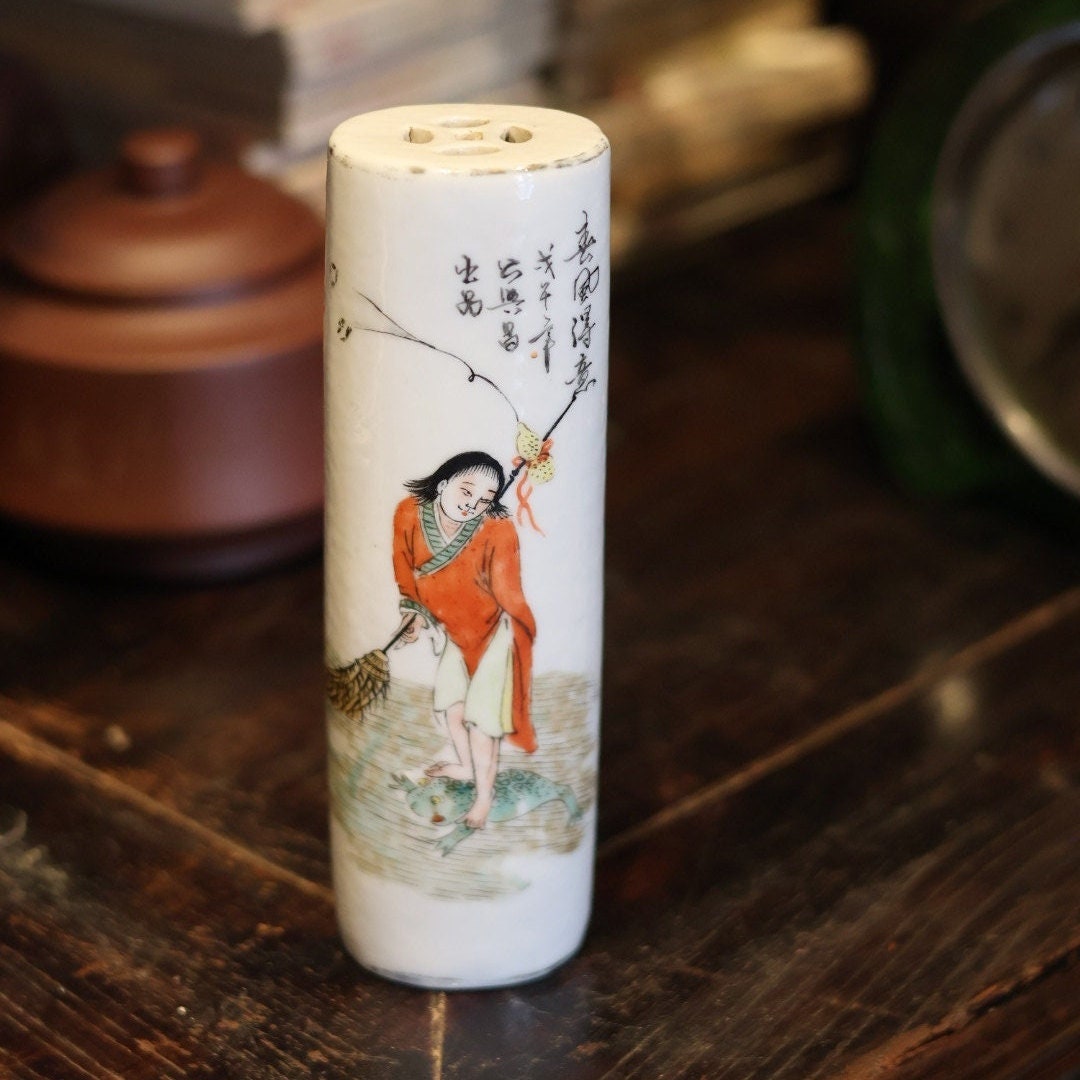 1950s Vintage Hand-Painted Liu Hai Playing with Golden Toad Porcelain Incense Holder