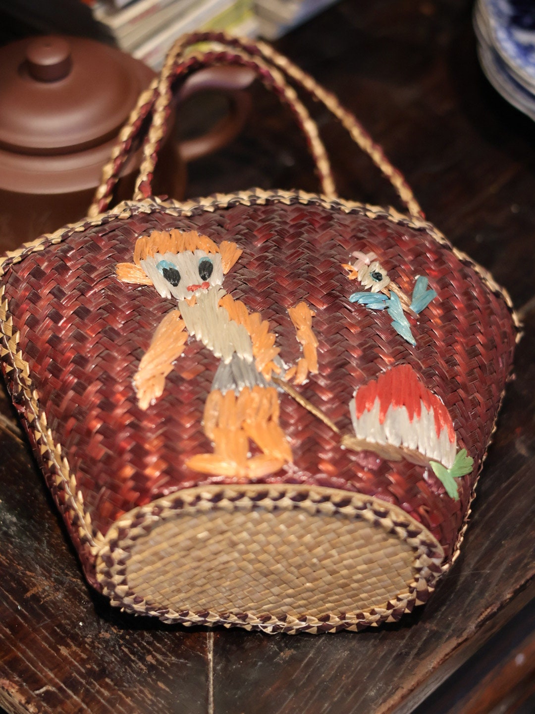 1970s Vintage Retro Fashion Handwoven Straw Handbag with Monkey and Bird Embroidery