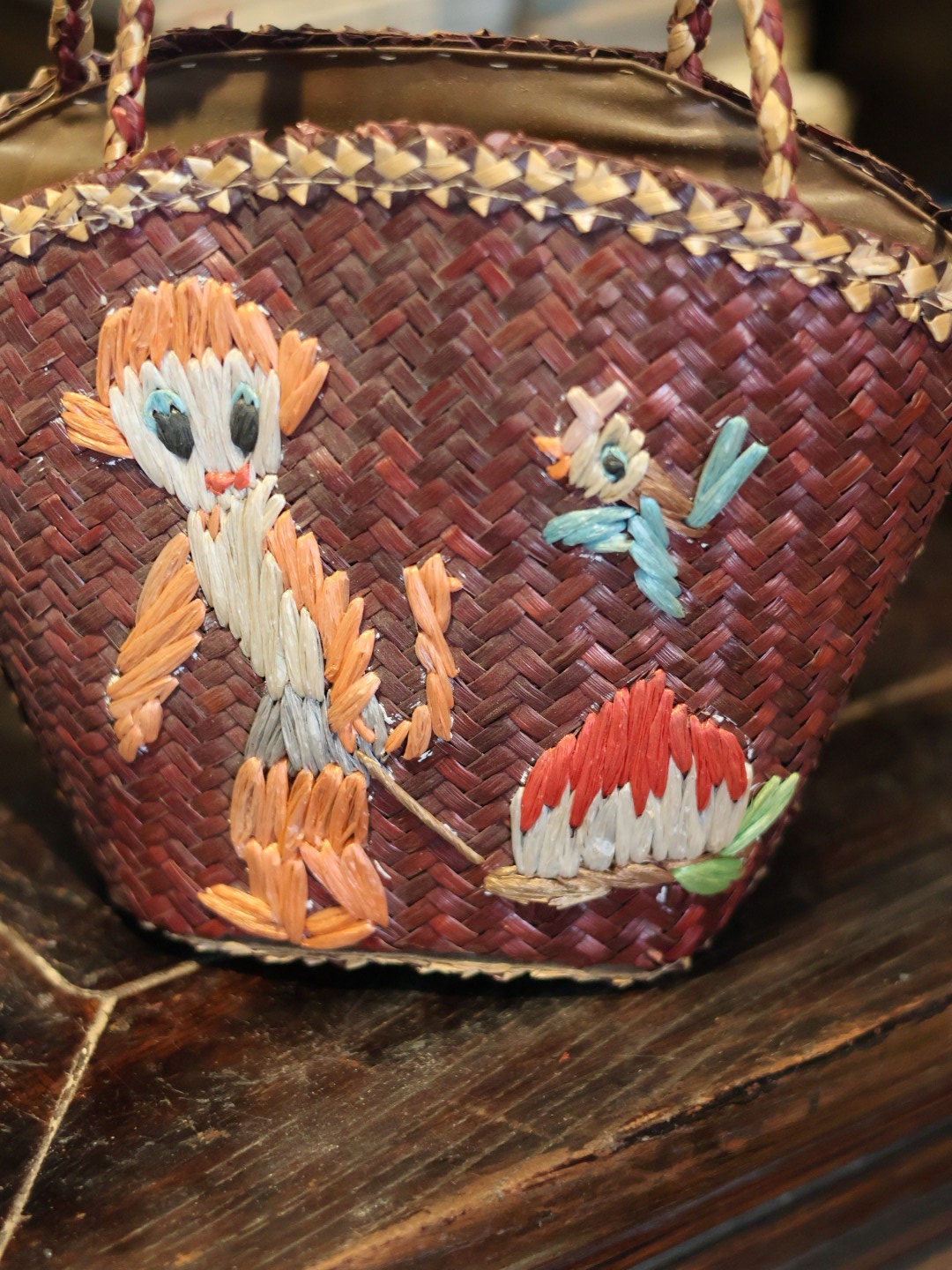 1970s Vintage Retro Fashion Handwoven Straw Handbag with Monkey and Bird Embroidery