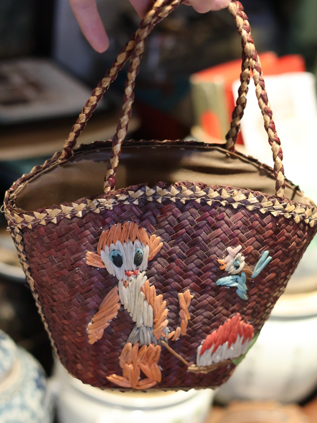 1970s Vintage Retro Fashion Handwoven Straw Handbag with Monkey and Bird Embroidery