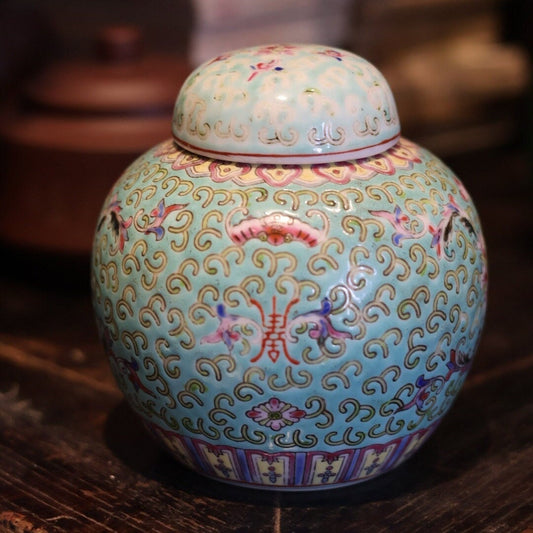 1950s Vintage Chinese Hand-Painted Floral Porcelain Tea Caddy & Storage Jar