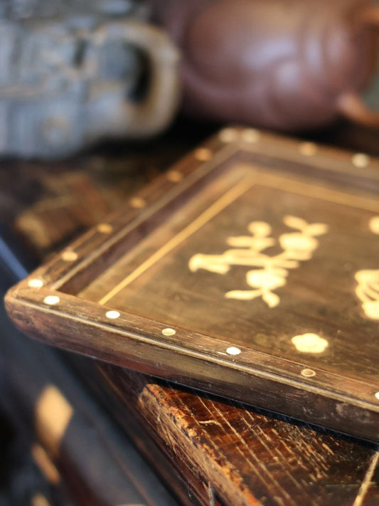 1920s Antique Republic Era of China Redwood Hand-carved Floral Tea Tray & Fruit Plate