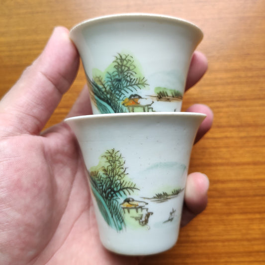 1910s Pair of Early Republic Era Thin Porcelain Masterpiece Cups with Hand-Painted Green Landscape, Antique, Collectible, Chinese Pottery