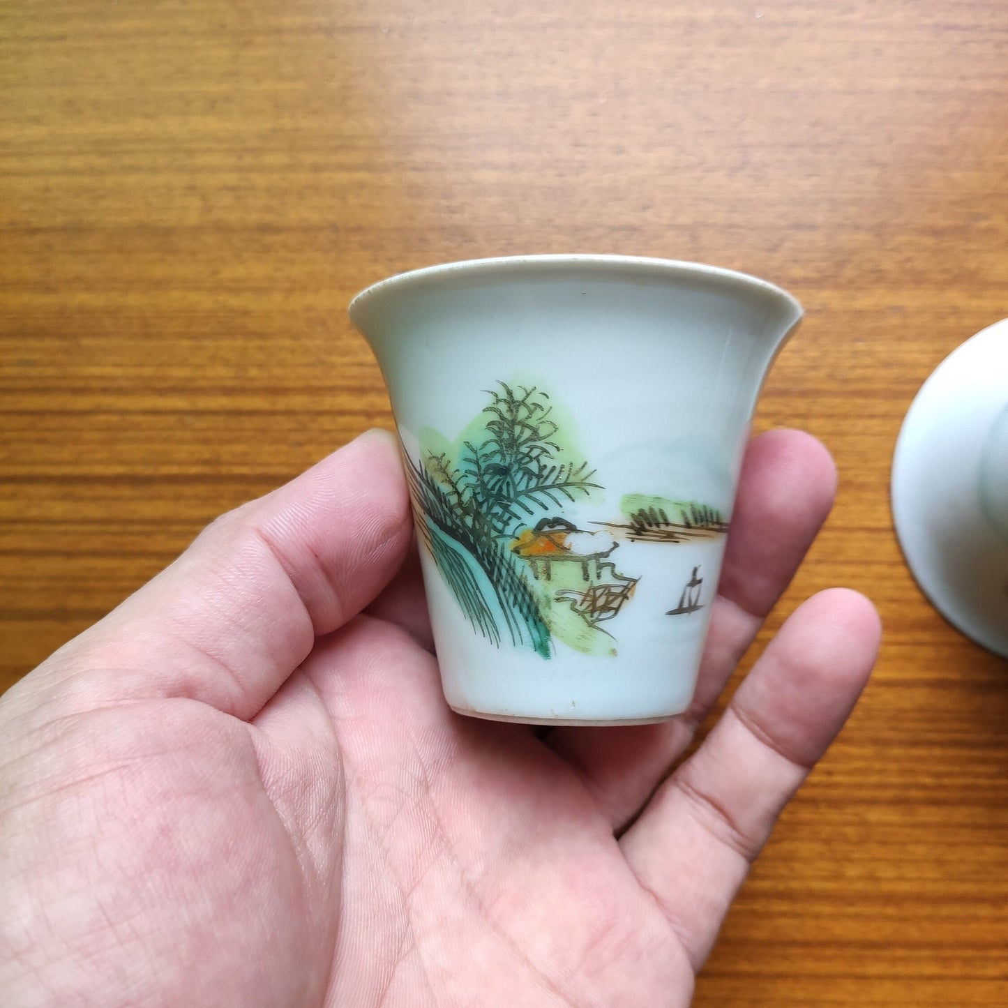 1910s Pair of Early Republic Era Thin Porcelain Masterpiece Cups with Hand-Painted Green Landscape, Antique, Collectible, Chinese Pottery