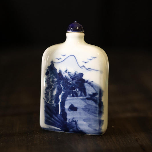 1980s Vintage Chinese Hand-Painted Blue & White Porcelain Snuff Bottle